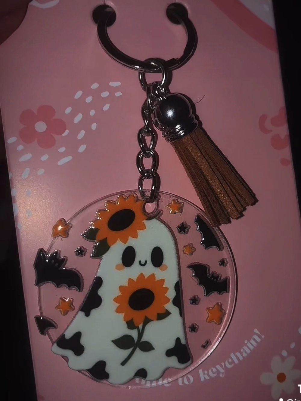 Cute Sunflower Ghost Keychain - Brown Tassel